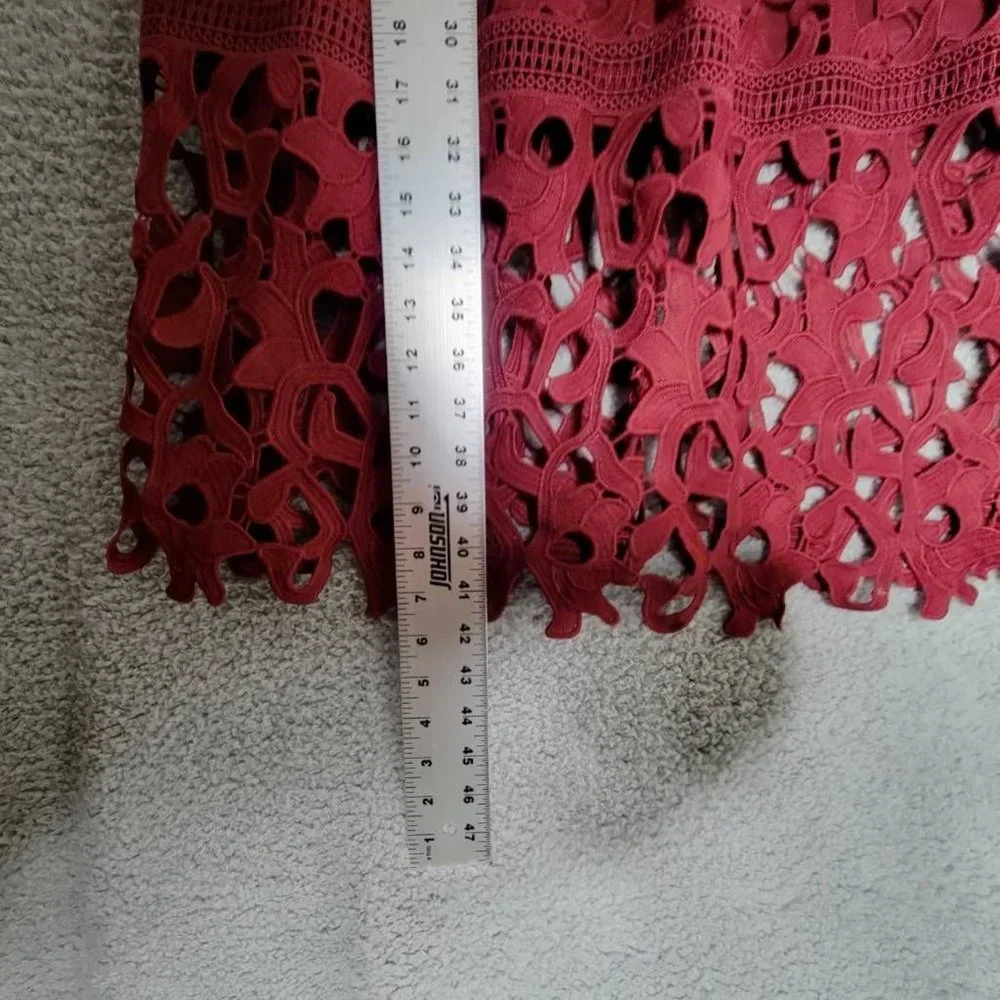 Chi Chi Womens Bardot Midi‎ Dress Fit & Flare Red Burgundy Lace Hem Lined 4 New - Picture 5 of 10